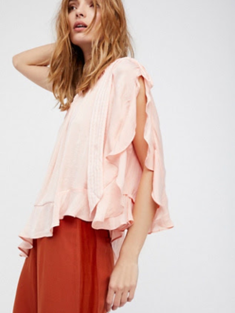 Free People Around The World One Shoulder Blush Pink Ruffle Top M